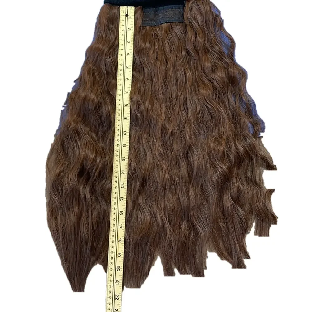 Long Curly Wavy Brown Hair Beanie Wig • Black Knit Hat Attached Extensions 30”